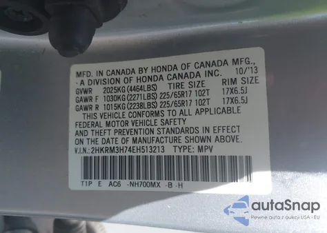 2014 Honda Cr-V Ex-L z USA, uszkodzony, nr VIN 2HKRM3H74EH513213